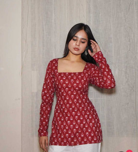 NAVONMESHI Casual Printed, Floral Print Women Red Top