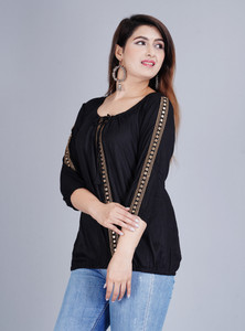 Angarkha Casual Embellished, Embroidered Women Black Top