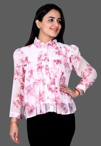 Pushbela Casual Floral Print Women Pink Top