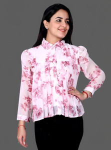 Pushbela Casual Floral Print Women Pink Top