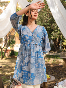 Janasya Casual Floral Print Women Blue Top