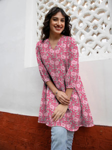 Janasya Casual Printed, Floral Print Women Pink Top