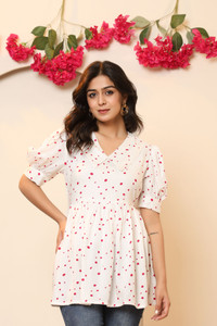 Jaipuri Bunaai Casual Printed, Polka Print, Embellished Women White Top
