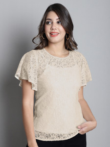 FineMe Casual Self Design Women Beige Top