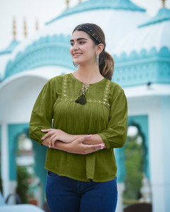 AKIKO Casual Solid Women Green Top