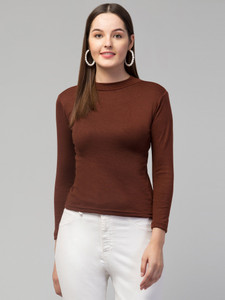 STYLE PREZONE Casual Solid Women Brown Top
