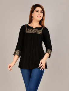 Angarkha Casual Embroidered, Floral Print Women Black Top