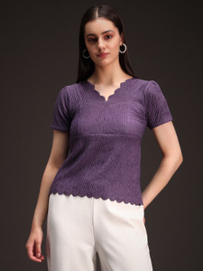 Emeros Casual Laser Cut, Solid, Self Design Women Purple Top