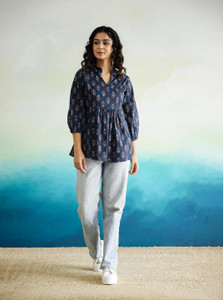 Sanskrutihomes Casual Printed Women Blue Top