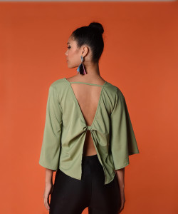 Chimpaaanzee Casual Bell Sleeve Solid Women Green Top