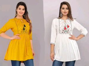Aalso Casual Embroidered Women White, Yellow Top
