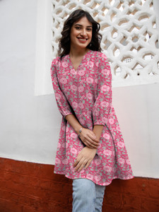 Janasya Casual Floral Print Women Pink Top