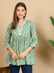Mahananda Casual Floral Print Women Green Top