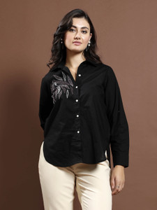 ATHENA Casual Embroidered Women Black Top