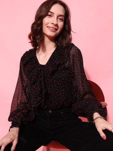 STREET9 Casual Polka Print Women Black Top