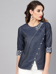 Yash Gallery Casual Regular Sleeve Printed Women Blue Top