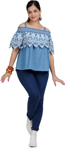 Hi Fashion Casual Embroidered Women Blue Top