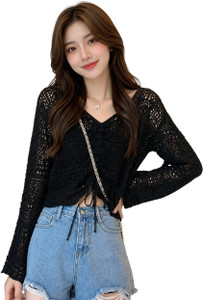CRAMPLE Casual Embroidered Women Black Top