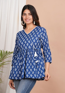 shefab Casual Printed Women White, Dark Blue Top