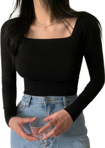 PUERY Casual Solid Women Black Top