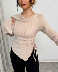 Weshowtrends Casual Solid Women Beige Top