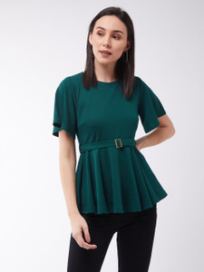 Miss Chase Casual Half Sleeve Solid Women Green Top
