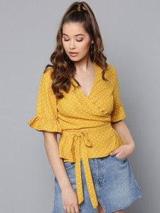 HARPA Casual Bell Sleeve Polka Print Women Yellow Top