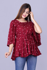 CREATIONESH Casual Floral Print Women Maroon, White Top