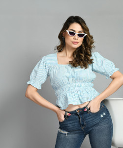 PRETTY LOVING THING Casual Checkered Women Blue Top