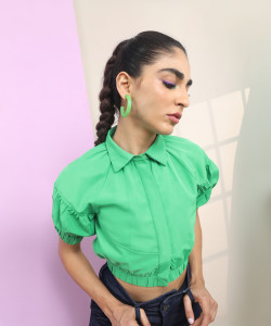 Tokyo Talkies Casual Solid Women Green Top