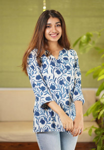 SANGOURI Casual Floral Print Women White, Blue Top