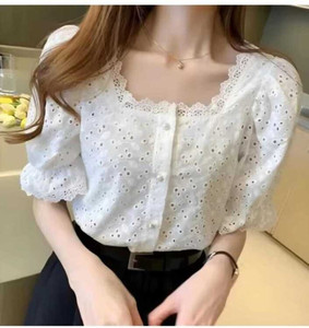 ronics Party Laser Cut, Embroidered Women White Top
