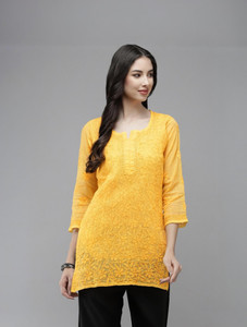 ADA Casual Embroidered Women Yellow Top