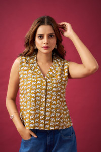 BRIXXOS Casual Animal Print Women Brown Top