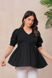 Maison Charu Casual Solid Women Black Top