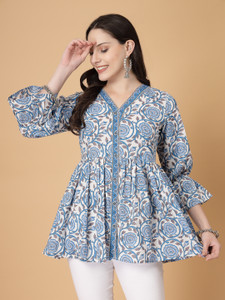 God Bless Casual Floral Print Women Blue Top