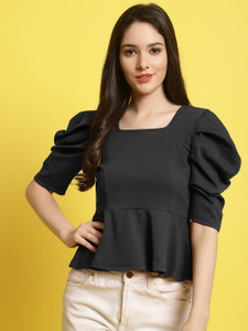 Fabflee Casual Solid Women Black Top