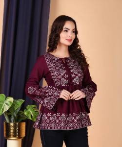 NeeraFashion Casual Printed Women Maroon Top