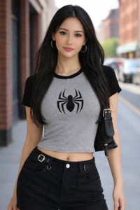 HRG Casual Graphic Print, Self Design Women Black, Grey Top