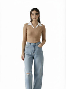 SUGARCANNE Casual Self Design Women Beige Top