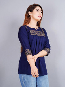 Angarkha Casual Printed Women Blue Top