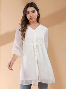 Janasya Casual Self Design Women White Top