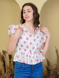 Threadflix Casual Polka Print Women White, Pink Top
