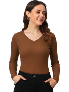 GLOWSTITCH Casual Solid Women Brown Top