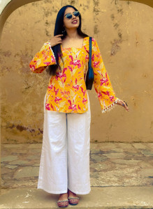 ROHIKA Casual Floral Print, Printed Women Yellow Top