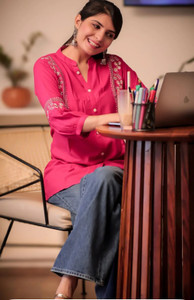 harshwal clothing Casual Embroidered Women Pink Top