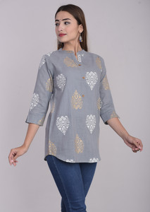FEBIA Casual 3/4 Sleeve Printed Women Grey Top