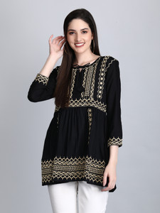LG CREATIONS Casual Embroidered Women Black, Gold Top