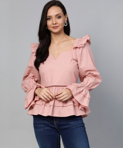 PLUSS Casual Full Sleeve Solid Women Pink Top