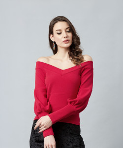 ATHENA Casual Puff Sleeve Solid Women Red Top